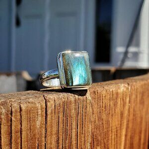 Sterling Silver Labradorite Ring Size 7 – Square Cut Gemstone in 925 Silver